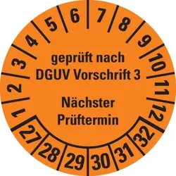 Dreifke® Prüfplakette gepr. DGUV Vorschrift 3,27-32,orange,Folie,ablösbar,Ø 30mm,108/Heft