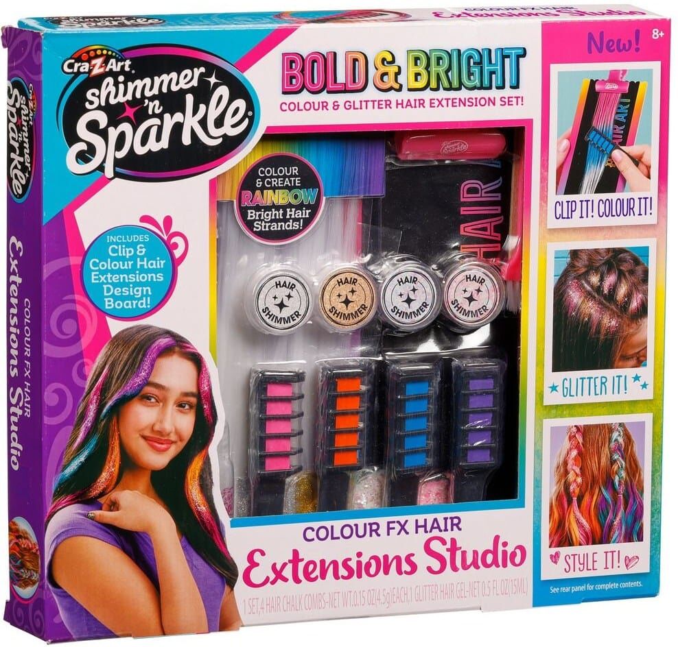 Character Options Shimmer 'n Sparkle Colour FX Hair Extensions Studio for Kids, Create Colourful Hairstyles with Reusable Clip-in Extensions and Glitter Gel