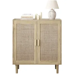 OKWISH Aufbewahrungsschrank aus MDF und Massivholz, Natur, 80 x 40 x 88 cm, mit Magnettüren und Kipp-Schutz
