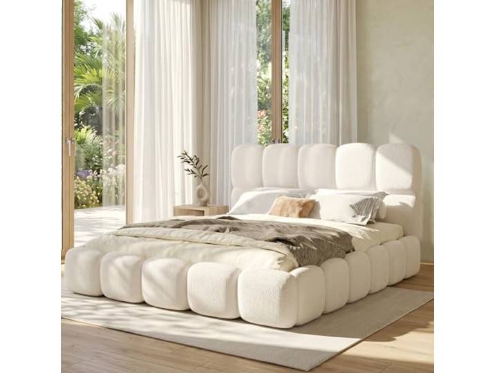 VILUXE Doppelbett 180x200 mit Bettkasten Bouclé Weiß Bouclé-Polsterbett mit Hydraulik-Bettkasten, Lattenrost und abgerundeten Kanten, Schlafzimmer, Paare und Erwachsene