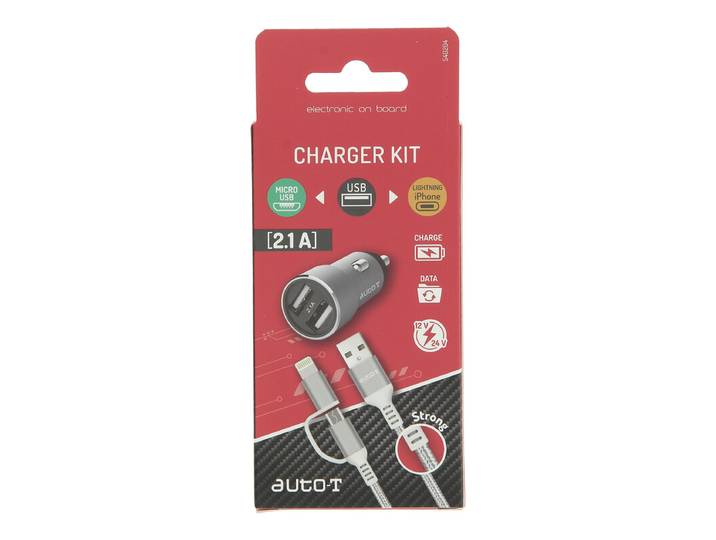 AUTO-T Chargeur 12/24 V 2,1 A + câble 2‑en‑1 micro‑USB / iPhone