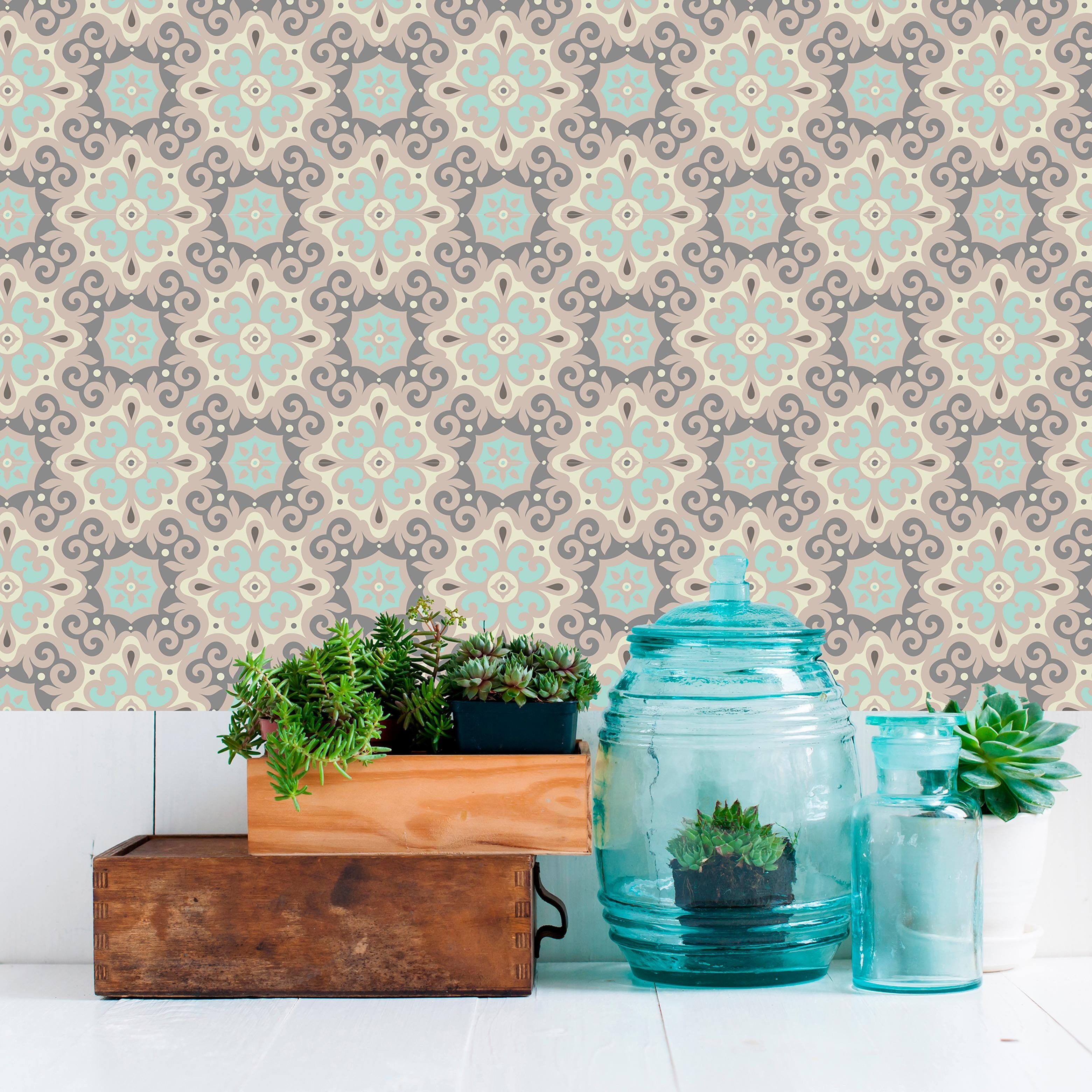 Fliesenaufkleber GOODPRODUCT "Ornamente", blau (anthrazit, türkis), B:12cm H:15cm, Fliesenaufkleber, Fliesenaufkleber, Stickerfliesen, selbstklebend, Sticker, 12er Set anthrazit, türkis B/H/T: 12cm x 15cm, Dekorfolie