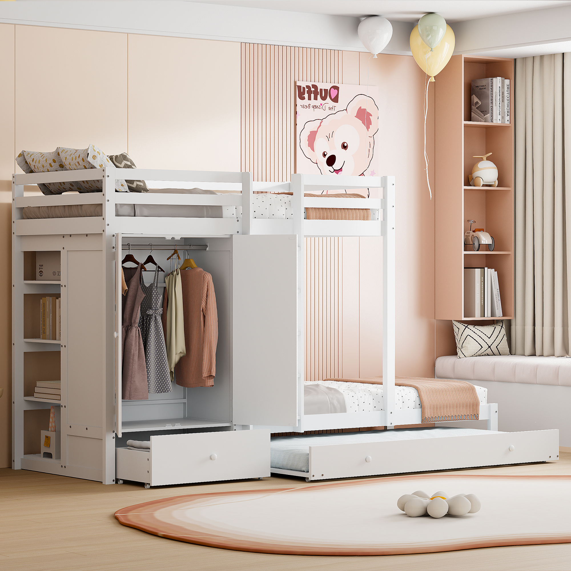 Etagenbett aus Massivholz 90*200 mit Ausziehbett, multifunktionales Kinderbett mit Kleiderschrank, Schubladen und Ablagefach, weiß