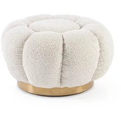 Pouf Florel aus Boucle-Stoff, modern und rund, Natur, gepolstert, goldener Mittelfuß