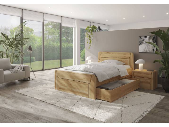 Massivholzbett HOME AFFAIRE Vouillé ausgestattet mit einem Bettschubkasten , beige (kernbuche), B:109cm H:106cm L:210cm, Betten, Massivholzbett, wahlweise in Kernbuche oder Wildeiche erhältlich