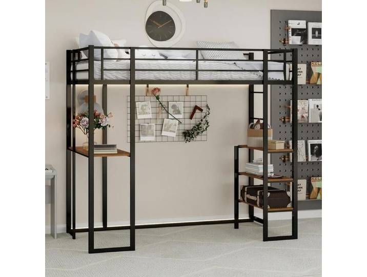 Lit mezzanine - KOMHTOM - KOMHTOM - 90 x 190 cm - Bureau en L intégré - Échelle double