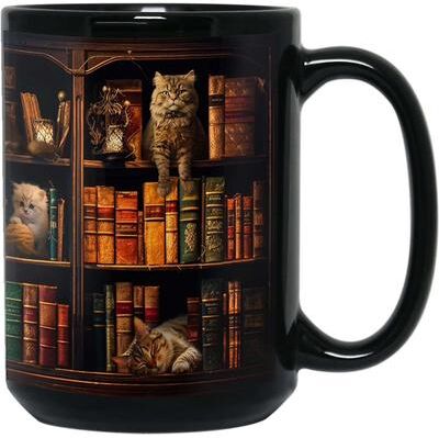 Multisell Products Hub Retro Book Pattern Mug, Literary Black Ceramic Coffee Cup, Vintage Bookshelf Theme, Book Lover Gift Mug d
