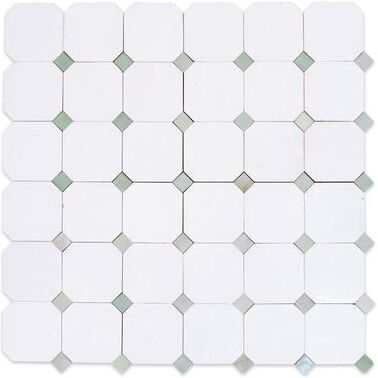 Moroccan Mosaic & Tile House Contemporary Zellige Panels,12''x12''x0.5'' White/Sea Green Accents