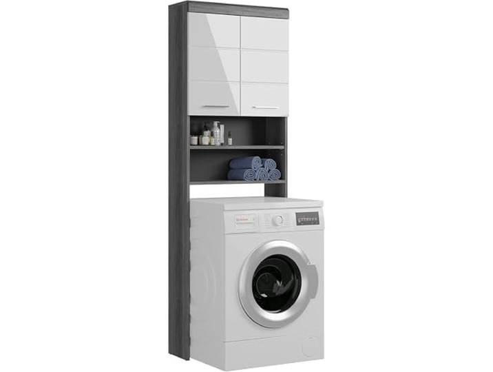 furnling Waschmaschinenüberbau Scott, weiße Hochglanz Front, 2 offene Fächer, 2 Türen, Waschmaschinenschrank mit 3 verstellbaren Einlegeböden, Breite 63 cm, Korpus Rauchsilber