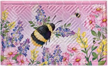 Evergreen "Cottage Garden Pink Florals Bee Embossed Door Mat - 30"" x 18"""