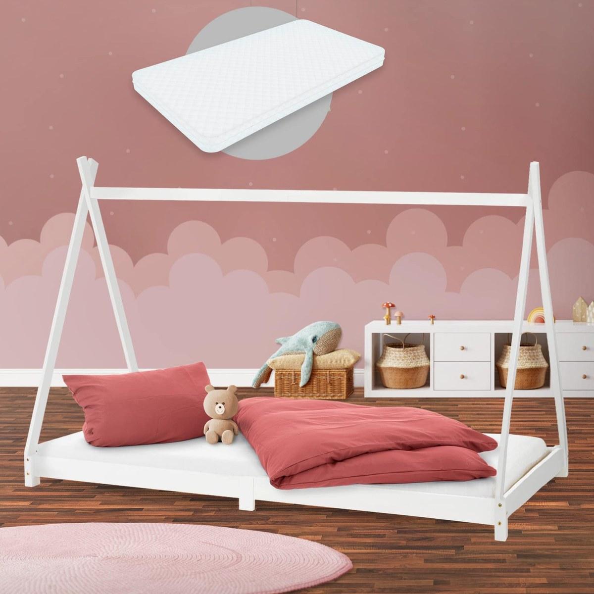 Kinderbett in Tipi-Form, 90 x 200 cm - Weiß - Massivholz (Fichte) - Mit Matratze und Lattenrost