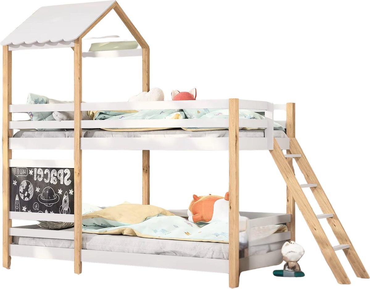 Stapelbett für Kinder - 90x200cm - Kinderbett mit Schultafel - Hochbett mit Ecktreppe, Fallschutz und Fenster - Kleinkindbett