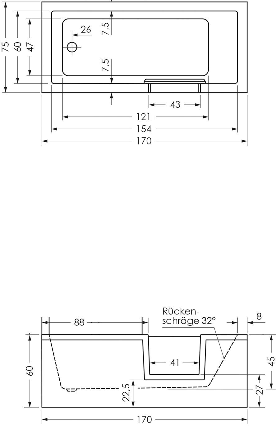 Repabad Livorno Mono Easy Duschbadewanne 170 x 75 cm, Einstieg rechts