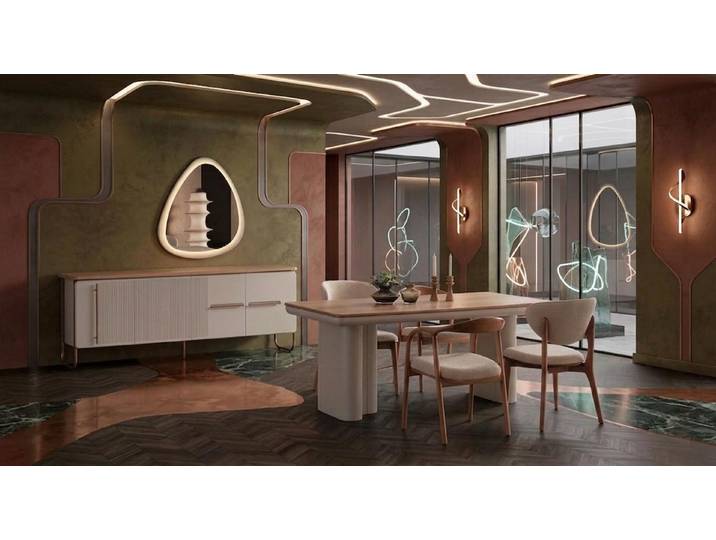 Xlmoebel Esszimmer-Set Esstisch 4x Stühle Konsole Spiegel Esszimmer Stil modern braun, (7-St., 1x Tisch, 4x Stühle, 1x Konsole, 1x Spiegel)
