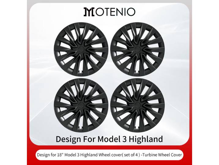 MOTENIO 【Logo Tesla offert】4 pièces Enjoliveurs de roue premium pour Tesla Model 3 Highland (2023-2026) 18 po Enjoliveurs durables Noir mat Style turbine Couverture intégrale Protections de roue uniquement pour Model 3 Highland (2023-2026) Accessoires de