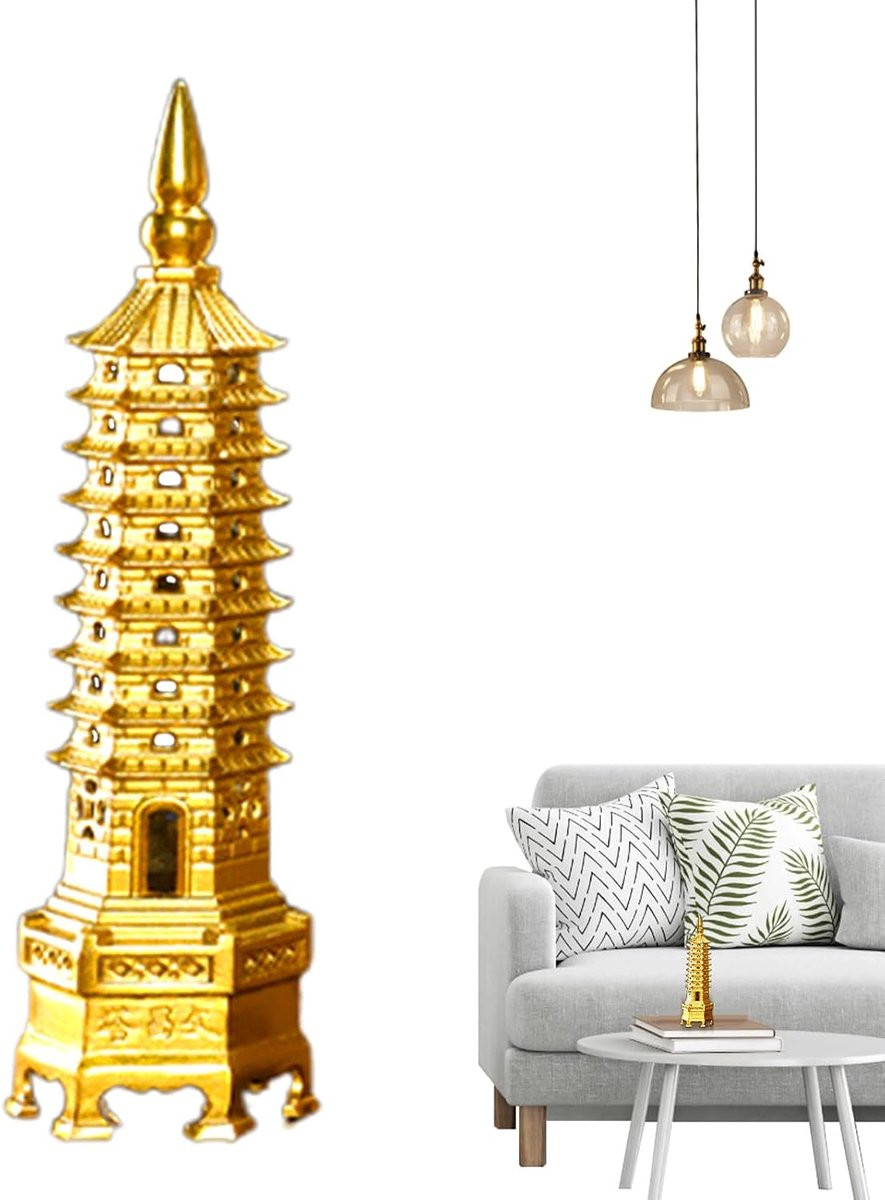 Goudkleurige Toren Sculptuur Pagode Beeldje van Massief Messing met een Hoogte van 13 cm