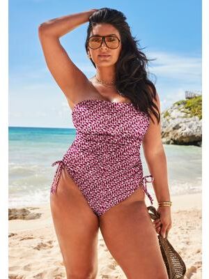 Plus Size Women's Bandeau Adjustable One Piece by Swimsuits For All in Pink Geo Slices (Size 26)