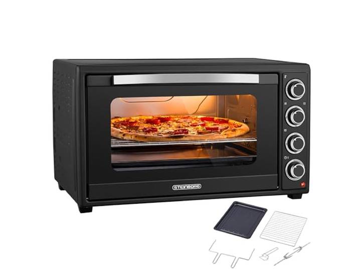Steinborg® Mini Backofen 60 Liter mit Umluft & Drehspieß, 2000W Tischbackofen groß XXL, 100–230°C, 60 Min Timer, Ober-/Unterhitze & Konvektion, Pizzaofen 3-in-1 inkl. Zubehör