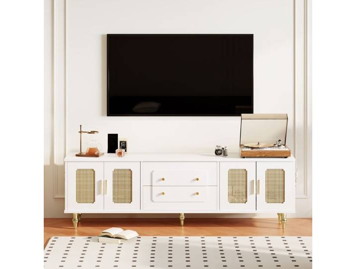 Meuble TV rétro avec poignées dorées meuble TV bas avec portes en osier et pieds métalliques blanc