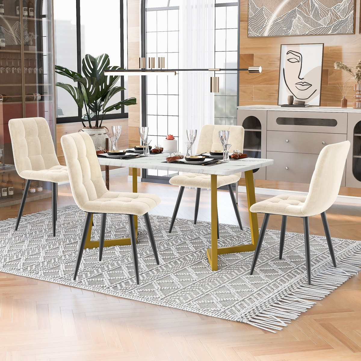 MODFU Eettafelset met 4 stoelen, rechthoekig, modern, beige