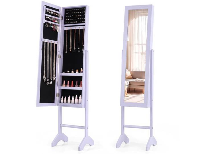 Armoire à Bijoux sur Pieds COSTWAY Miroir Pleine Longueur Rangement de Bijoux pour Dressing Dispositif Anti-basculement Violet