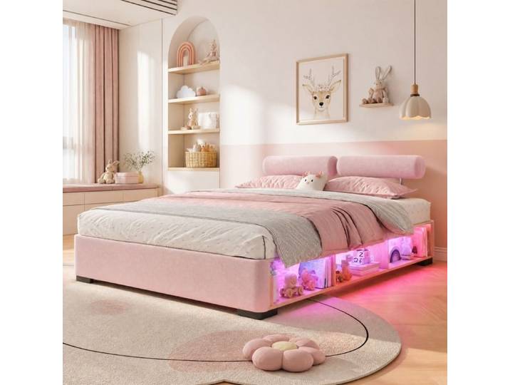 VUENOR Lit enfant 140x200 cm rose - LED integree et rangement ouvert sans matelas