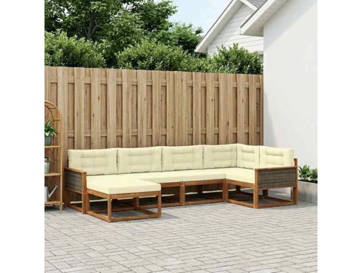 HFMDRMU Modulares Outdoor-Sofaset aus massivem Akazienholz mit Lattenrahmen, 6-teilig in Natur und Creme, für Garten und Patio