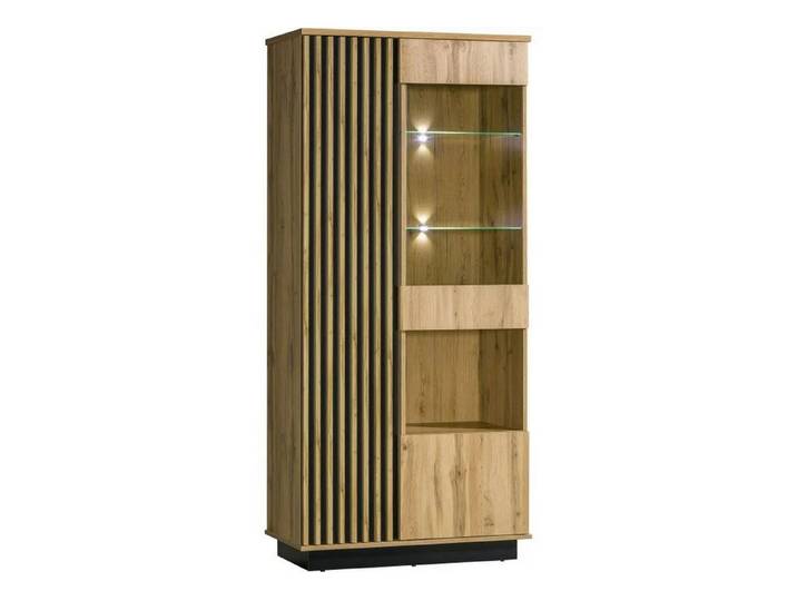 Beautysofa Vitrine mit Lamellen LAMELO mit Holzlamellen – Glastür & Einlegeböden, ohne LED