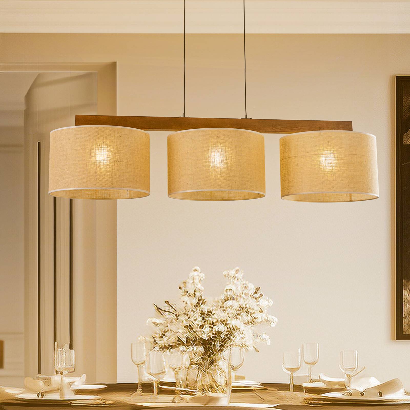 Hängelampe Juta TK Lighting, dimmbar, Holz hell, für Wohn- / Esszimmer, Textil / Stoff / Seide, Pendelleuchte