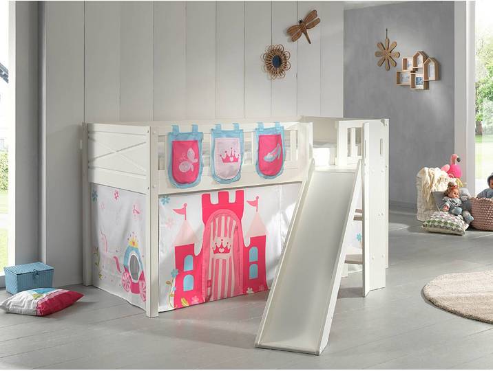 Spielbett mit Rutsche 90 x 200cm Weiß/Pink mit Taschen/mit Vorhang