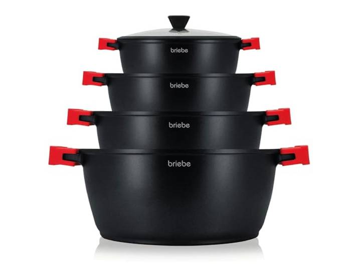 briebe Black Titanium Topfset Induktion 8-Teilig Antihaftbeschichtung Titan 4-Kochtöpfe aus Aluminiumguss, ohne PFOA, Set mit Glasdeckel, Abnehmbare Silikongriffe, Glaskeramik, Gas, Ofen