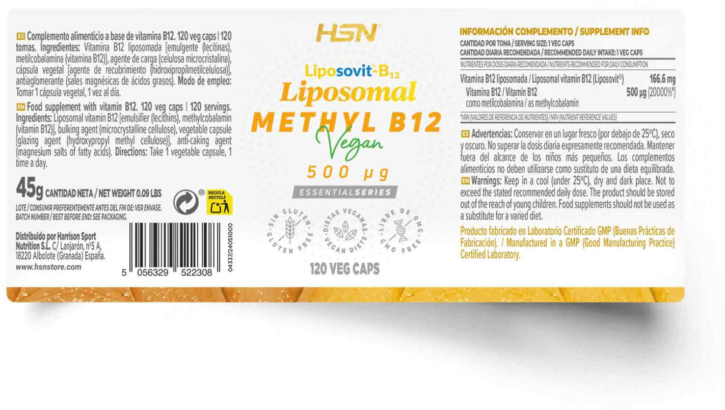 HSN Vitamina B12 (metilcobalamina) liposomada (Liposovit®) (500mcg vitamina B12) - 120 veg caps - Circulación-Corazón - Cápsulas Vegetales -   Servicios