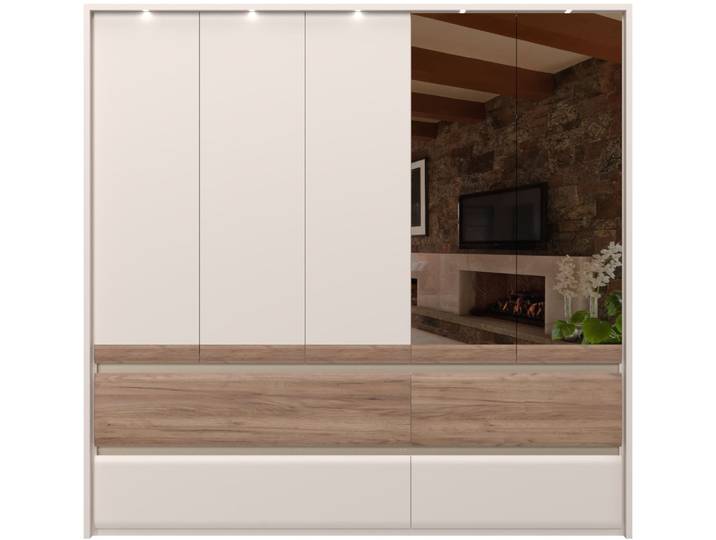 Kleiderschrank, 232x226 cm, MDF/Spanplatte, Beige (Kaschmirfarbe), LED Beleuchtung & Soft-Close, Modern, Places of Style