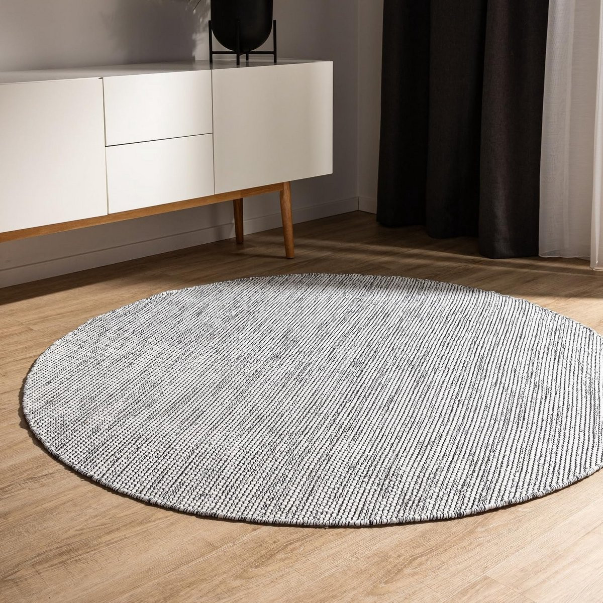 Rond Handgeweven Katoenen Vloerkleed Beige/Zwart - Boho Stijl - 200 cm