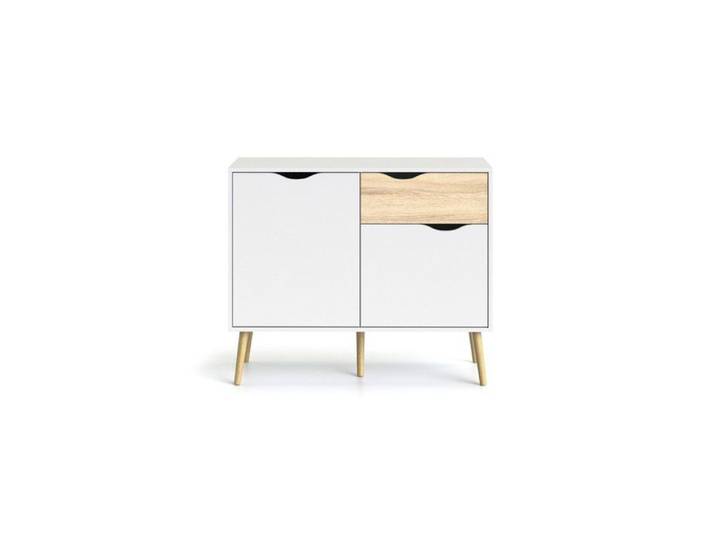 CALICOSY - Petit buffet 2 portes 1 tiroir blanc et décor chêne L98 7 cm - BILLUND - Blanc