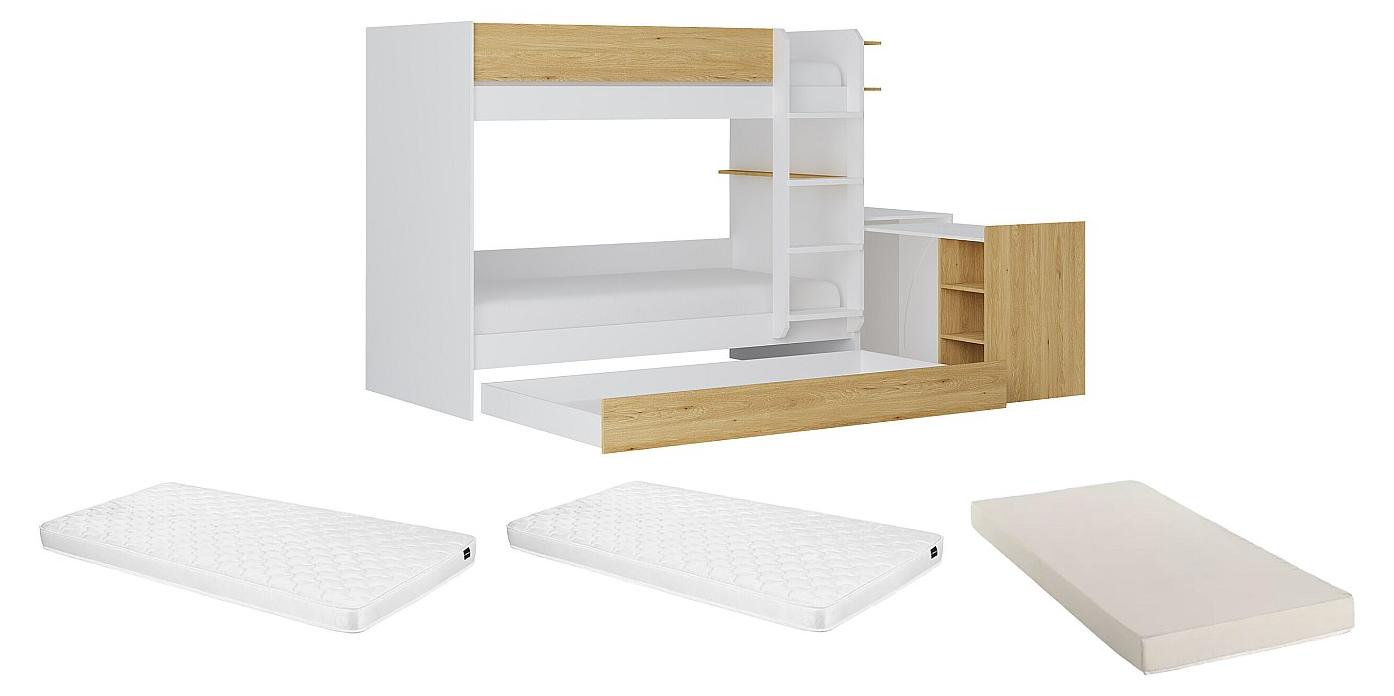 Etagenbett mit zusätzlichem Ausziehbett & 2 Schreibtischen + Matratzen - 3 x 90 x 190 cm - Weiß & Holzfarben - DOMATI