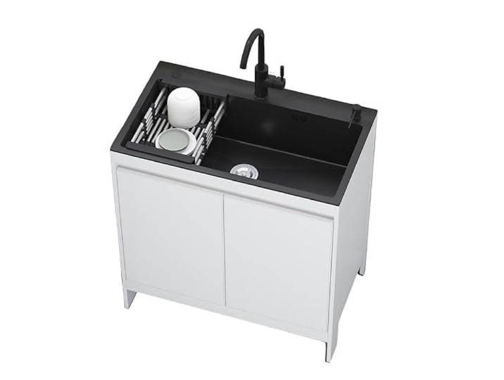 Freistehendes Spülbecken mit Stauraum-Unterschrank, 304er Stahl-Arbeitsplatte, Aluminiumkorpus, Wasserhahn & Korb für platzsparende Waschküche