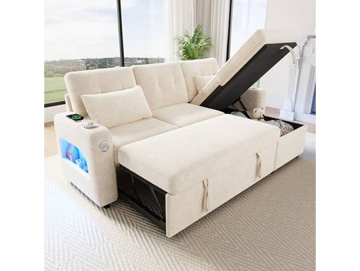 BTM L Form Ecksofa mit Schlaffunktion und Bettkasten Beige Schlafsofa, für Wohnzimmer, mit Stauraum, LED‑Beleuchtung