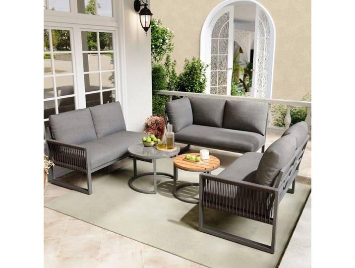 Ensemble de salon de jardin ensemble de mobilier pour 6 à 7 personnes comprenant tous les coussins d'assise et de dossier gris