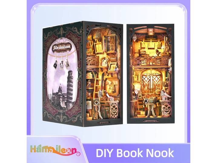 Hamaileon Kit de coin de livre DIY, serre-livres de puzzle en bois 3D avec insert d'étagère pour maison de poupée avec lumière LED pour adultes amis, cadeaux.