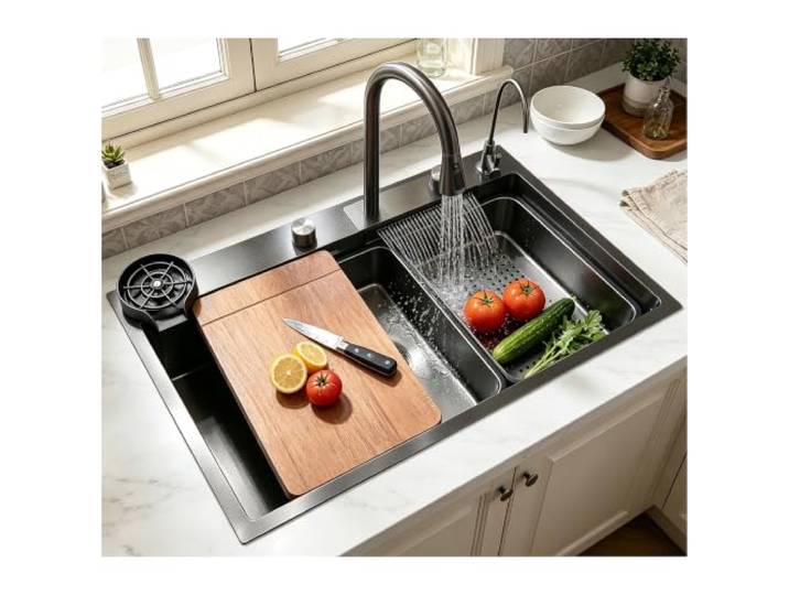 ATHOMASM Edelstahlspüle 1 Becken 75x50cm Schwarz Grau - Einbau Küchenspüle mit Wasserfall-Design, ausziehbarer Wasserhahn, Arbeitsstation & Abtropfkorb