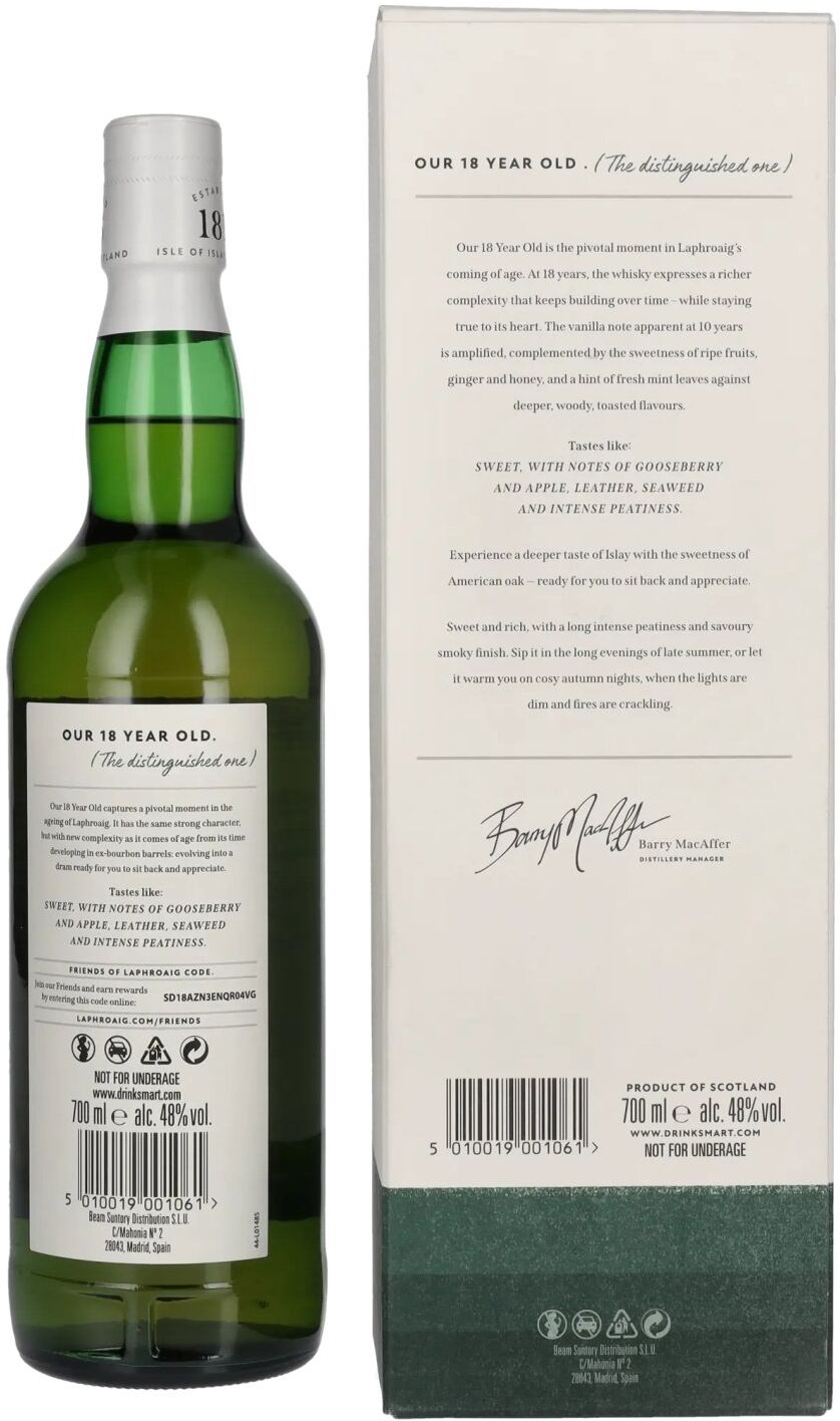 Laphroaig 18 Years Old Islay Single Malt Scotch Whisky 48% Vol. 0,7l in Geschenkbox