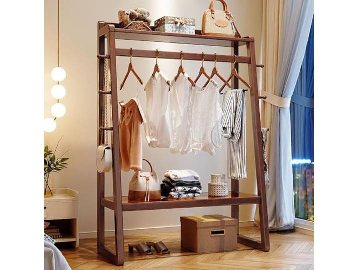 FGHUF Kleiderständer Holz, Offener Kleiderschrank Aus Holz, Garderobenständer Holz Mit Ablagefläche Aus Gehärtetem Glas, Kleiderstange Kleiderschrank Aus Holz Mit 6 Haken