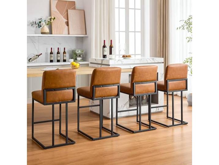 IDEALHOUSE Barhocker mit Rückenlehne 24 Zoll – Braun, PU-Leder gepolstert, Metallgestell, verstellbare Fußstützen – für Kücheninsel, Bar & Spielzimmer – 1er-Pack