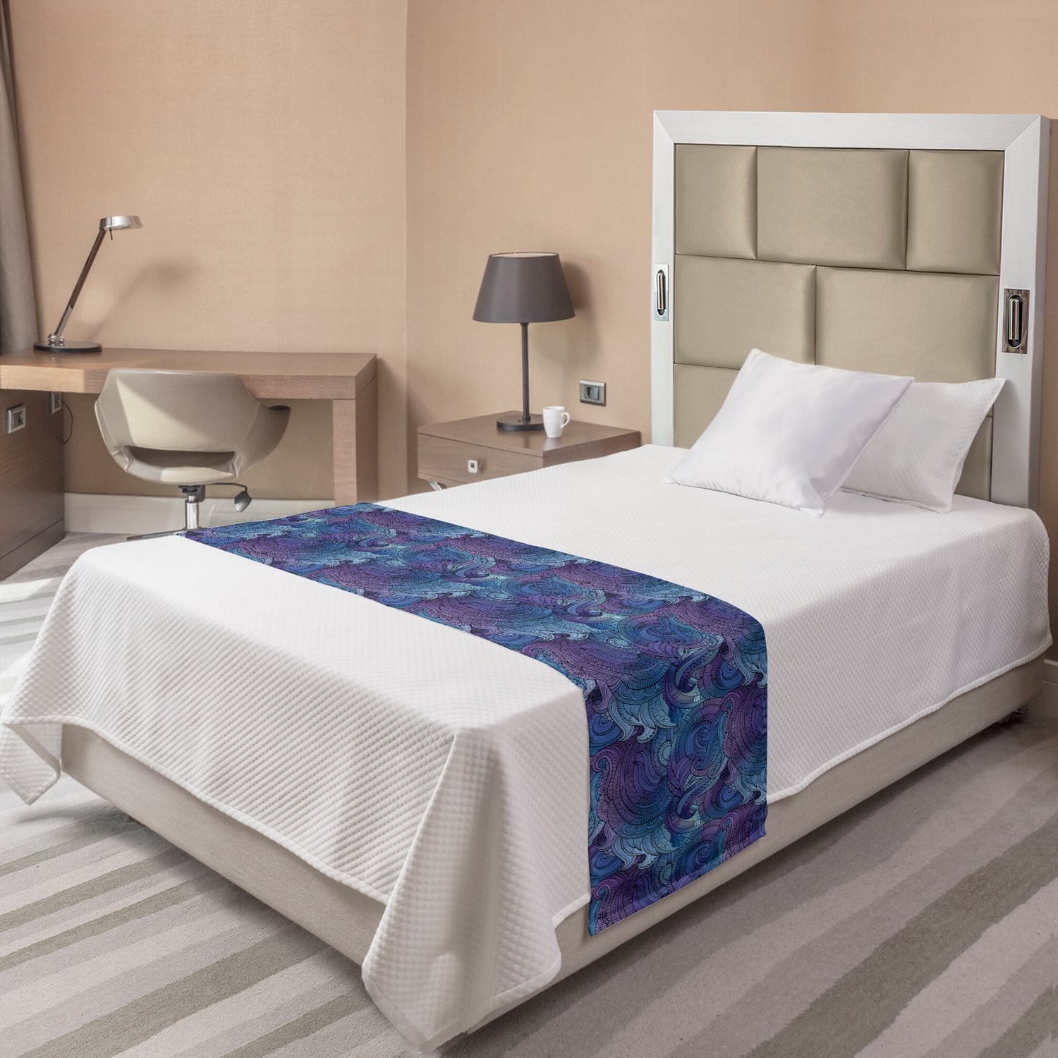 ABAKUHAUS Abstracte Bedloper met Oceaan-geïnspireerde Paisley en Handgetekende Wervels, Paars en Blauw, Twin