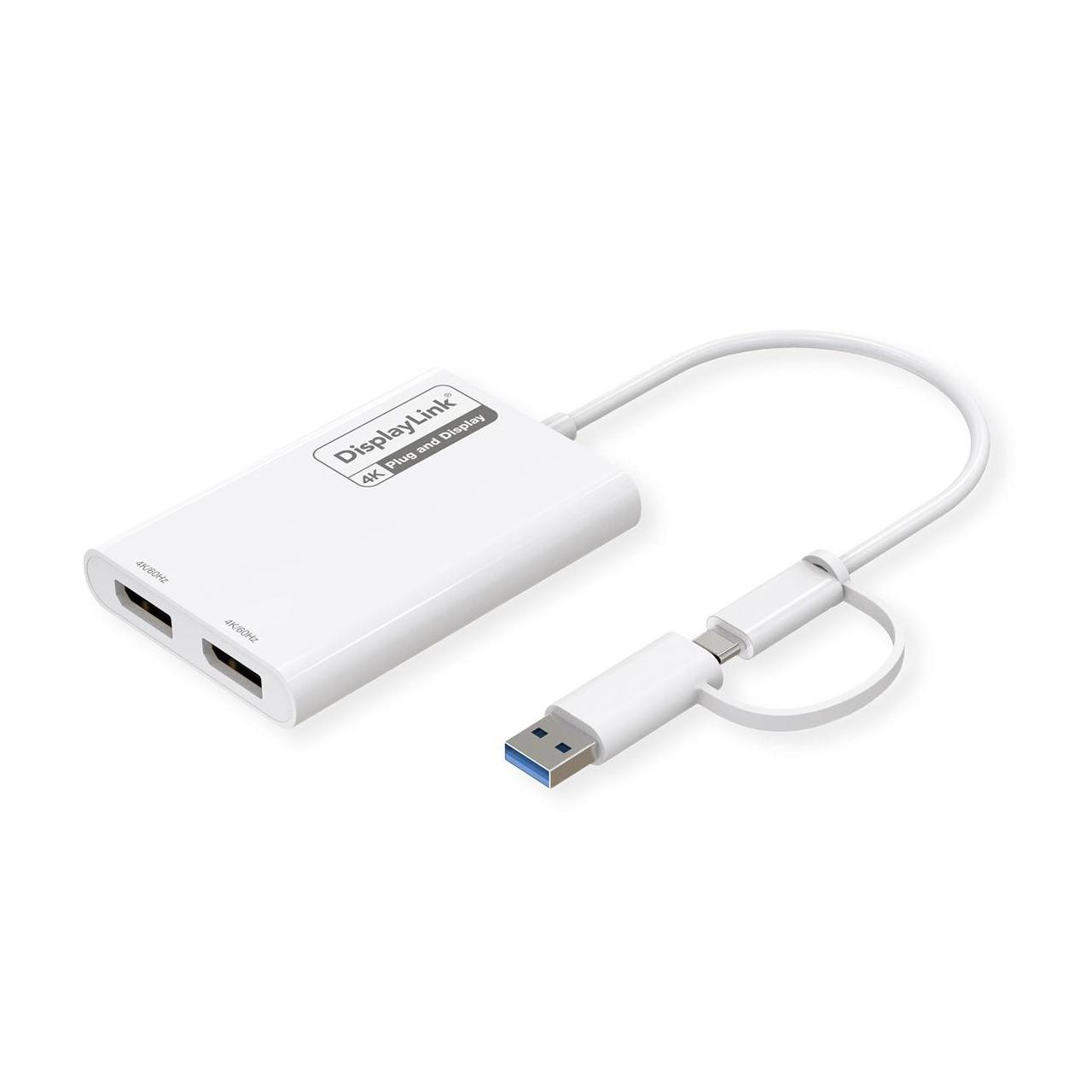 Roline Adaptateur USB-C/A DisplayLink USB-C/A - double DP, 4K60 (DisplayPort) (12.03.3207)