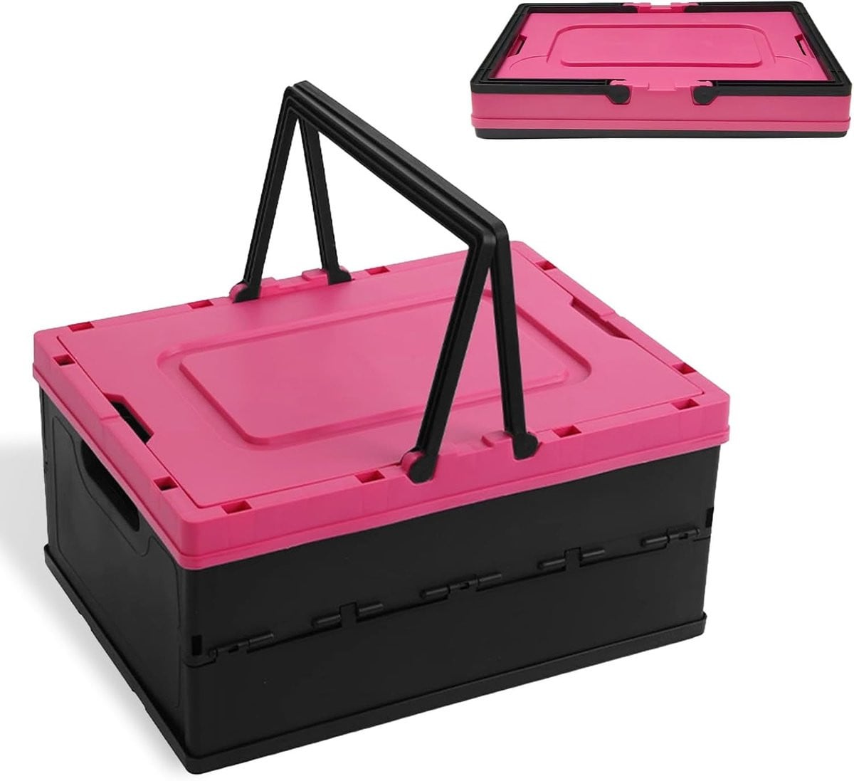 Multifunctionele opvouwbare opbergdoos met deksel en draaggrepen, roze/zwart, 10 l