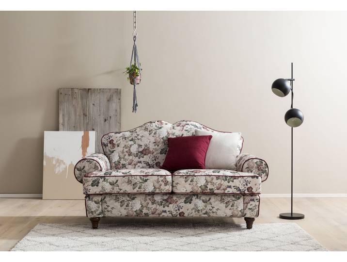 2-Sitzer HOME AFFAIRE LUCIENNE , bunt (amber paradise), B:170cm H:96cm T:90cm, 100% PES, Sofas, 2-Sitzer, mit 2 Zierkissen, mit gedrechselten Füssen aus Holz