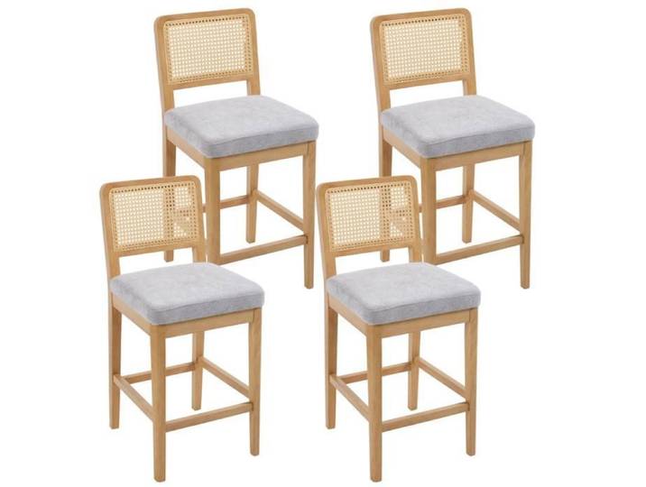 Chairus Tabouret de Bar Lot de 4 Tabouret Bar en Bois Tabouret avec Dossier Rotin Chaise Bar Haute pour Cuisine Chenille Gris