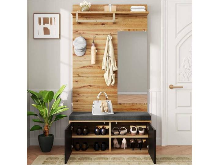 Meuble d'entrée rangement avec miroir banc rembourré patères et meuble à chaussures 100x38x190 cm noir JOINERY